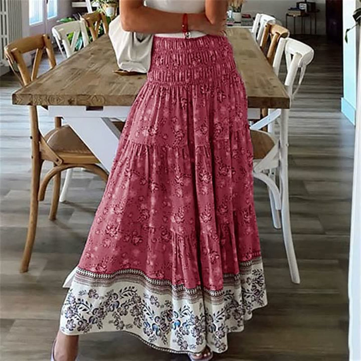 Boho Tiered Midi Skirt with Elastic Waist and Lightweight Fabric