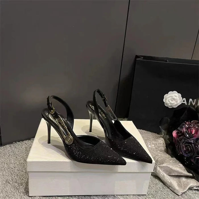 Tacones Stiletto De Mujer Con Tira Trasera, Strass Y Puntera En Pico