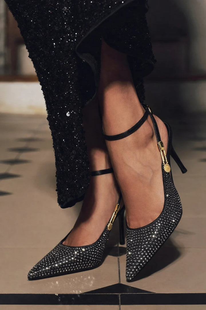 Tacones Stiletto De Mujer Con Tira Trasera, Strass Y Puntera En Pico