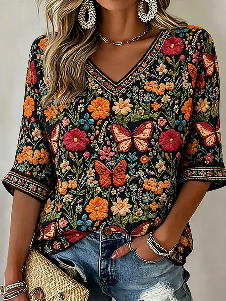 Camiseta Vintage Con Bordado Floral Y Mariposas Cuello V Manga 3/4