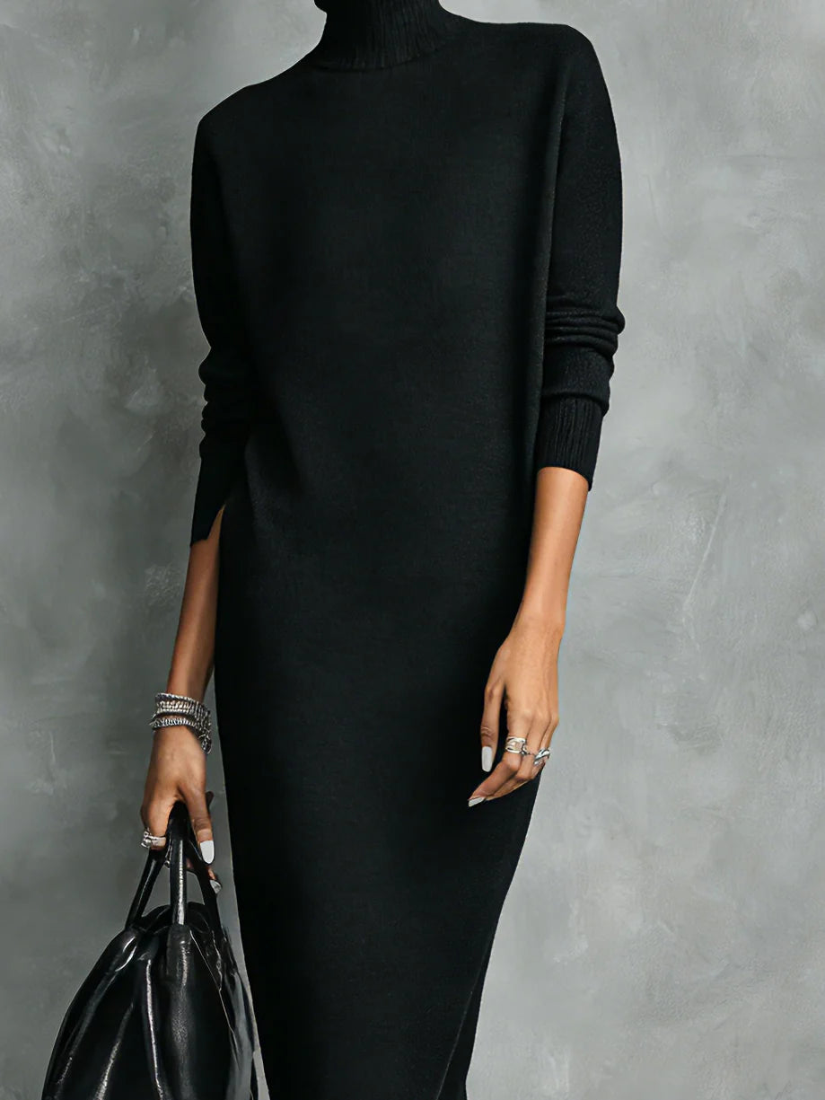 Nora | Vestido Midi De Punto Negro Con Cuello Alto Y Mangas Largas
