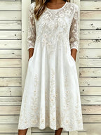 Vestido Vintage con Bordado Floral Blanco y Manga 3/4
