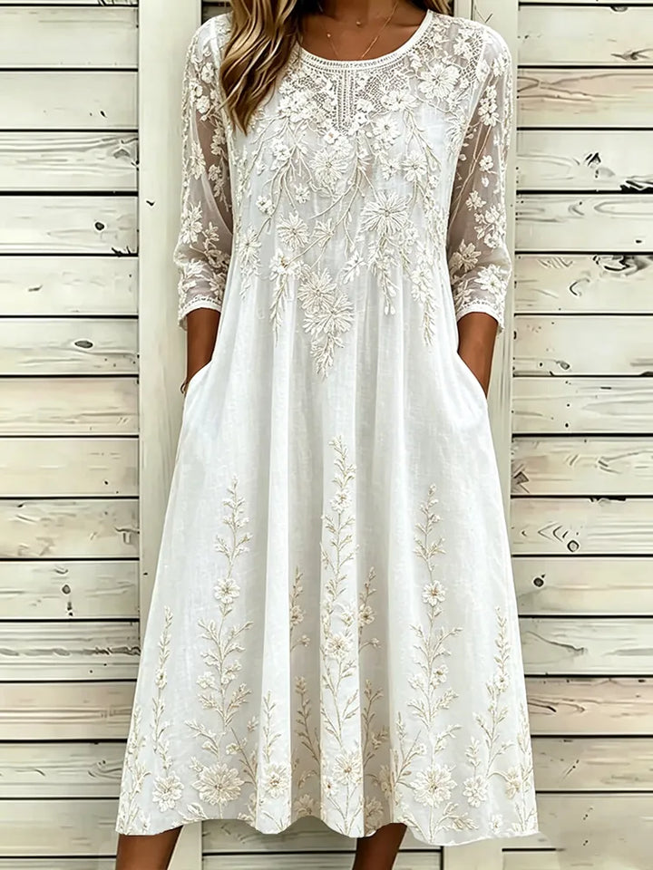 Vestido Vintage Con Bordado Floral Blanco Y Manga 3/4