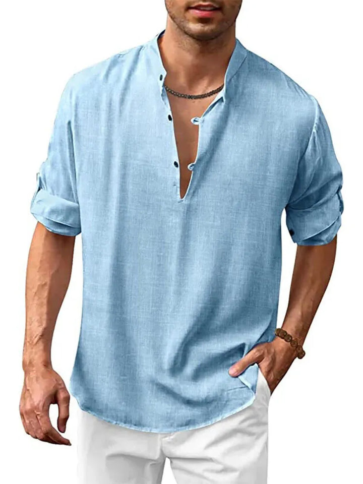 Camisa Hippie Casual de Algodão e Linho de Manga Comprida