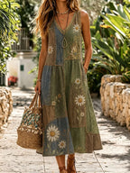 Vestido midi tirantes retro hippie margaritas bordado patchwork cuello v