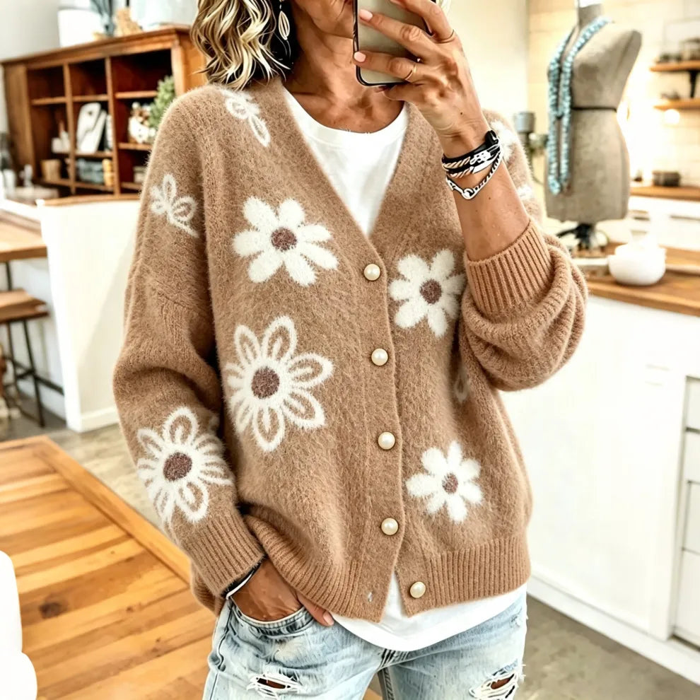 Cárdigan De Punto Esponjoso Jacquard De Margaritas Retro