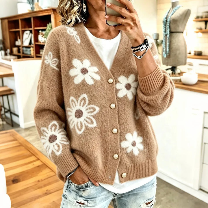 Cárdigan De Punto Esponjoso Jacquard De Margaritas Retro