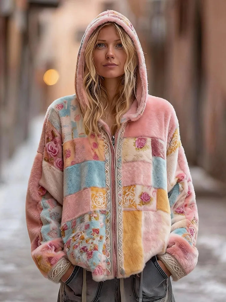 Sudadera Con Capucha Y Cremallera De Felpa Con Estampado Floral Y Nudo Celta Retro Para Mujer