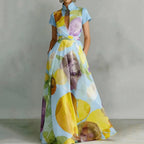 Vestido Maxi Floral de Vacaciones con Cuello Mao