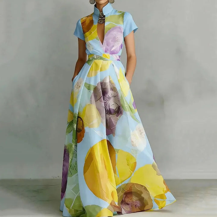 Vestido Maxi Floral de Férias com Gola Mandarin