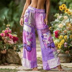 PANTALONES CASUALES CON PATCHWORK DE ROSAS FLORALES, CINTURA ELÁSTICA Y BOLSILLOS PARA MUJER
