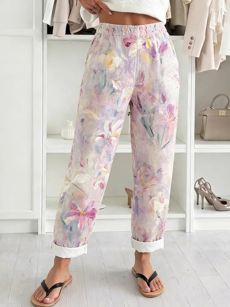 PANTALONES CÓMODOS DE LINO VINTAGE CON ESTAMPADO DE FLORES DE LIRIO
