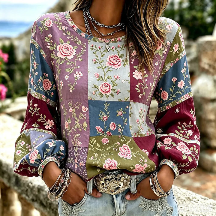 Top Lino Vintage Patchwork Floral Rosa - Cuello Redondo Manga Larga