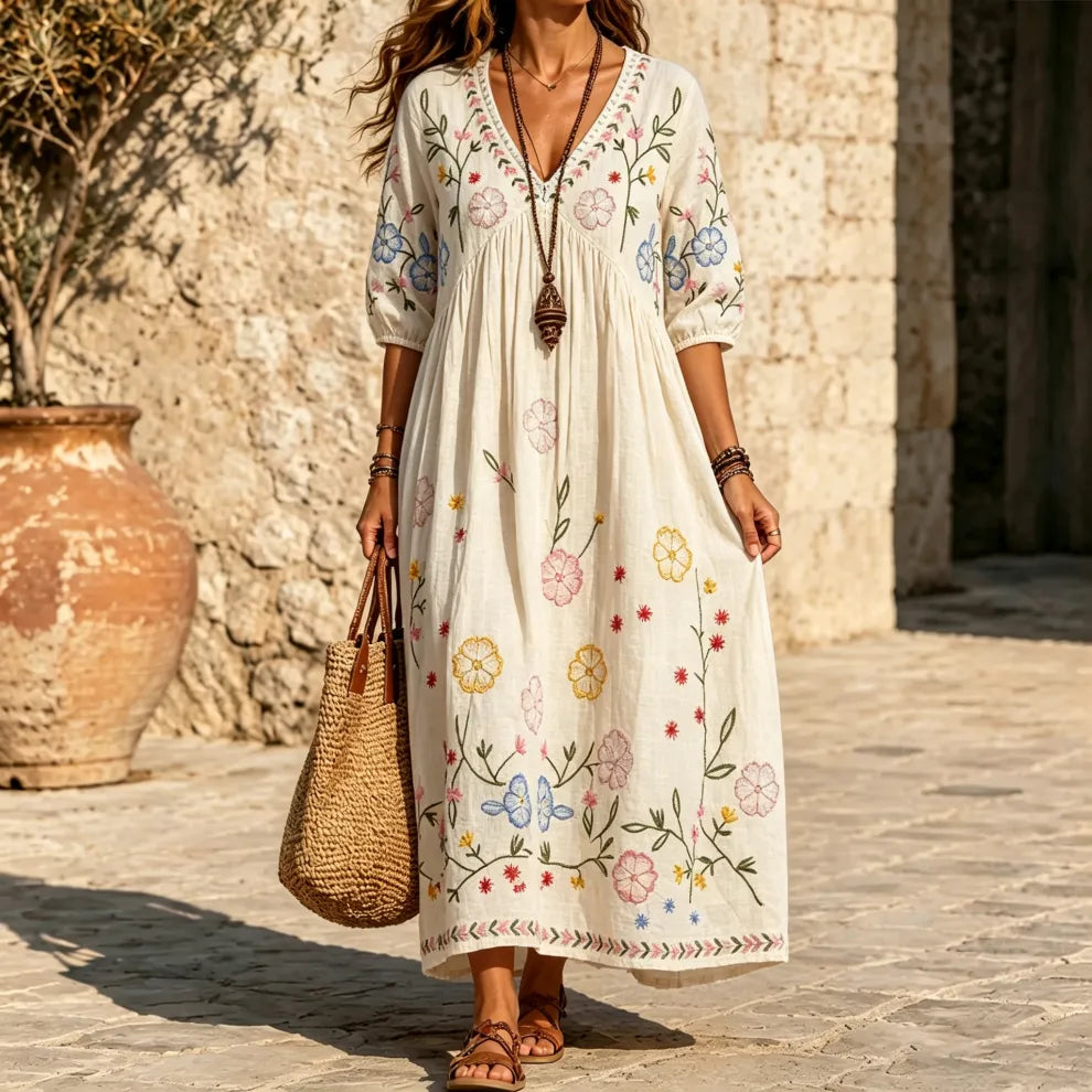 Vestido Comprido De Linho E Algodão Floral Minimalista Férias Decote Em V