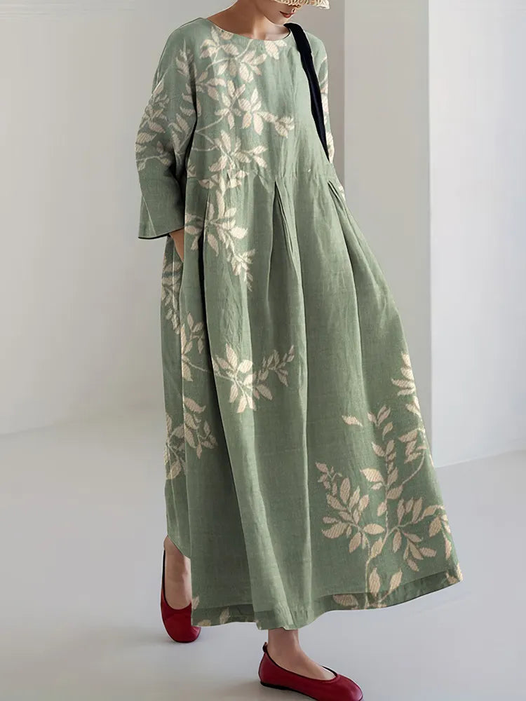 Vestido Midi Casual de Manga Larga con Estampado Floral de Arte Japonés