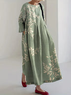 Vestido Midi Casual de Manga Larga con Estampado Floral de Arte Japonés