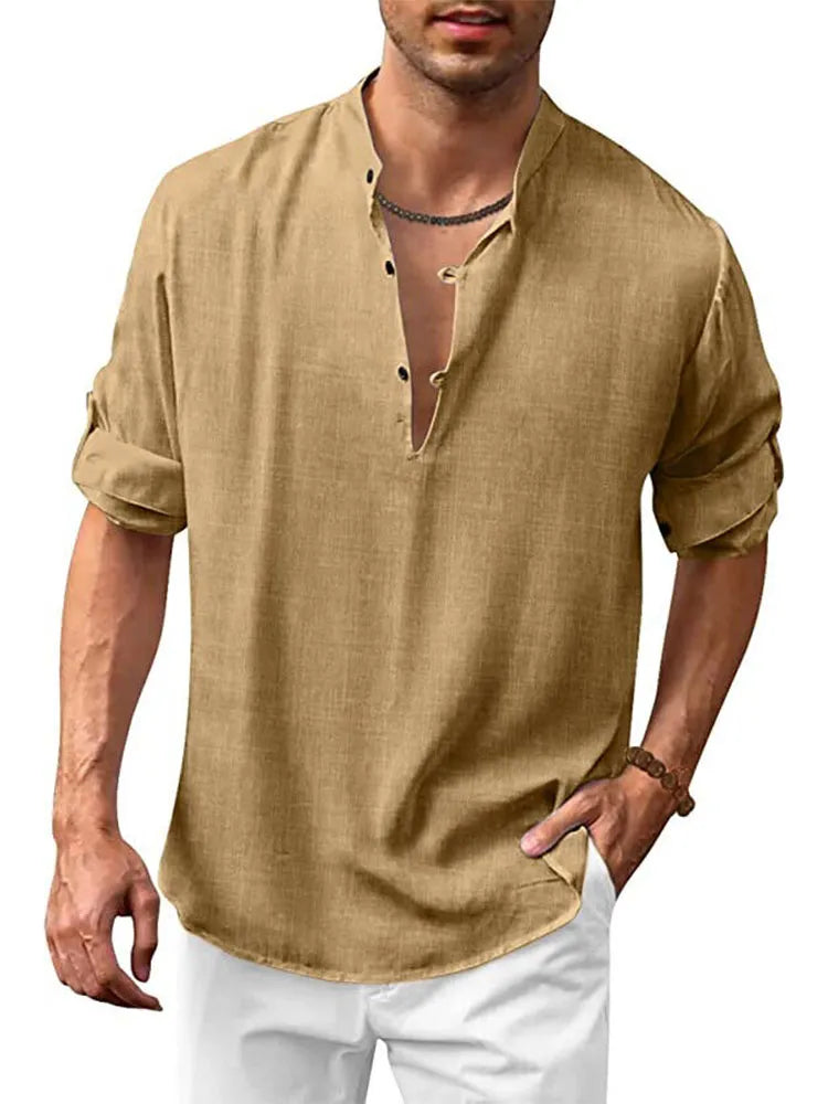 Camisa hippie casual de algodón y lino de manga larga