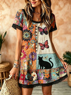Vestido mini lino bordado gato negro hippie cuello redondo manga corta