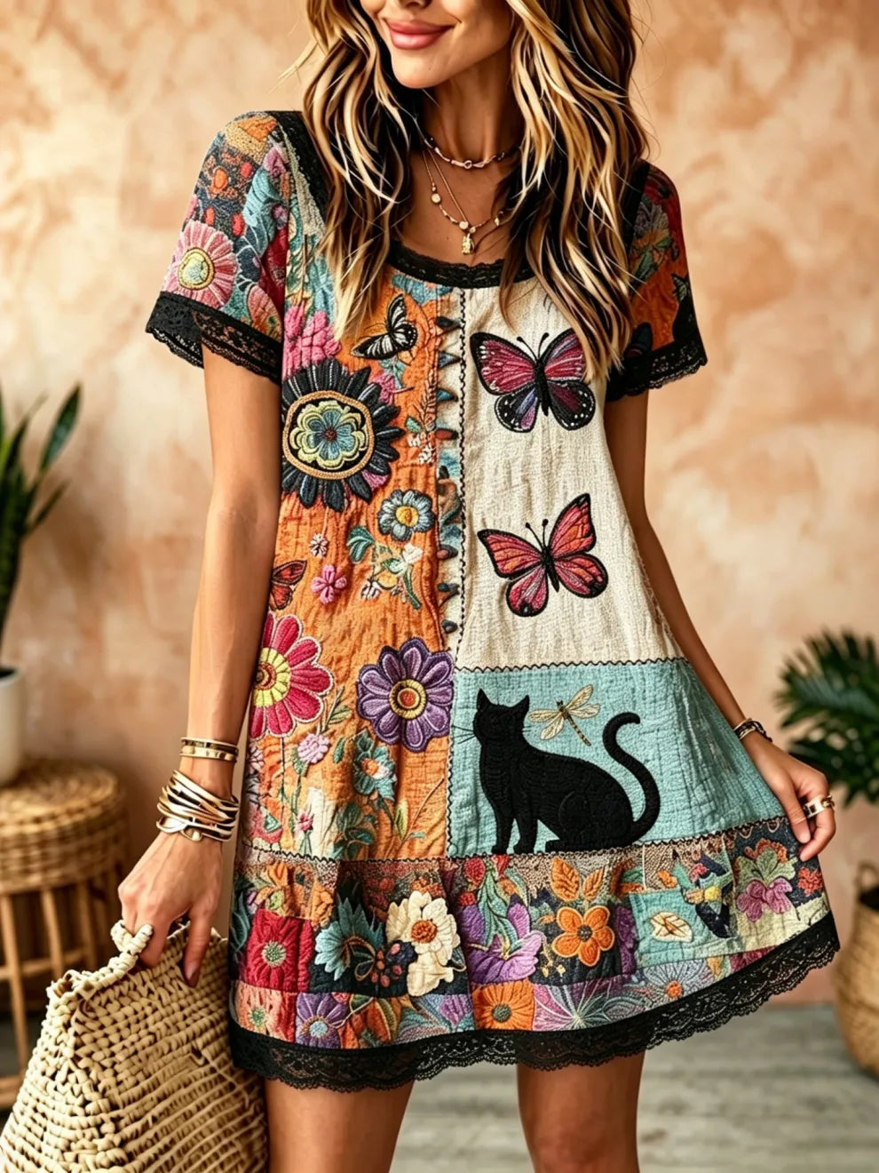 Vestido mini lino bordado gato negro hippie cuello redondo manga corta