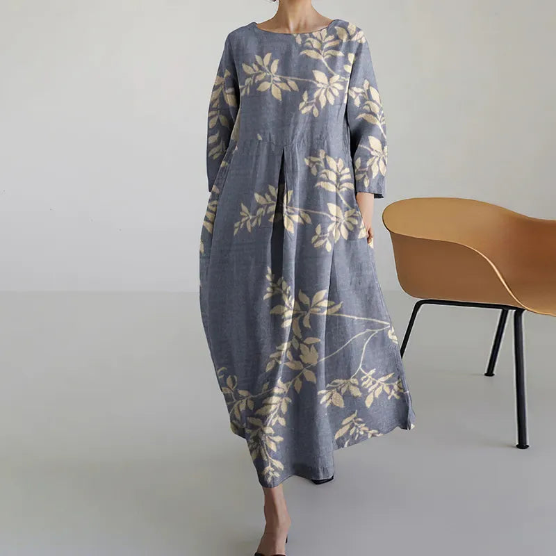 Vestido Midi Casual de Manga Larga con Estampado Floral de Arte Japonés