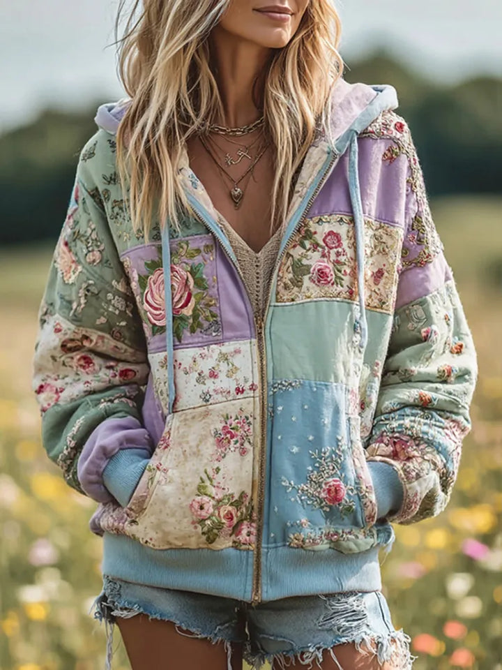 Sudadera Con Capucha Y Cremallera Floral Patchwork Vintage Para Mujer