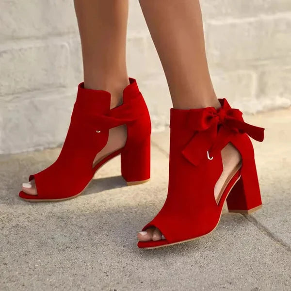 Botines Femeninos Con Puntera Abierta, Laño Y Tacón Bloque