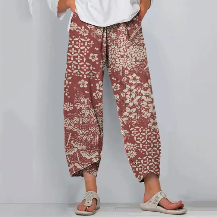 Pantalones Casuales Con Estampado Floral De Arte Japonés Vintage