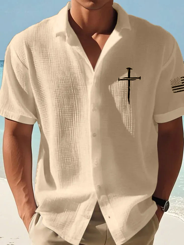 Camisa de lino de manga corta con estampado de cruz fe