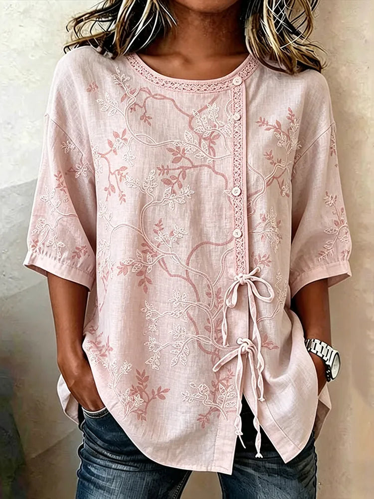Top de manga 3/4 com estampado floral casual para senhora