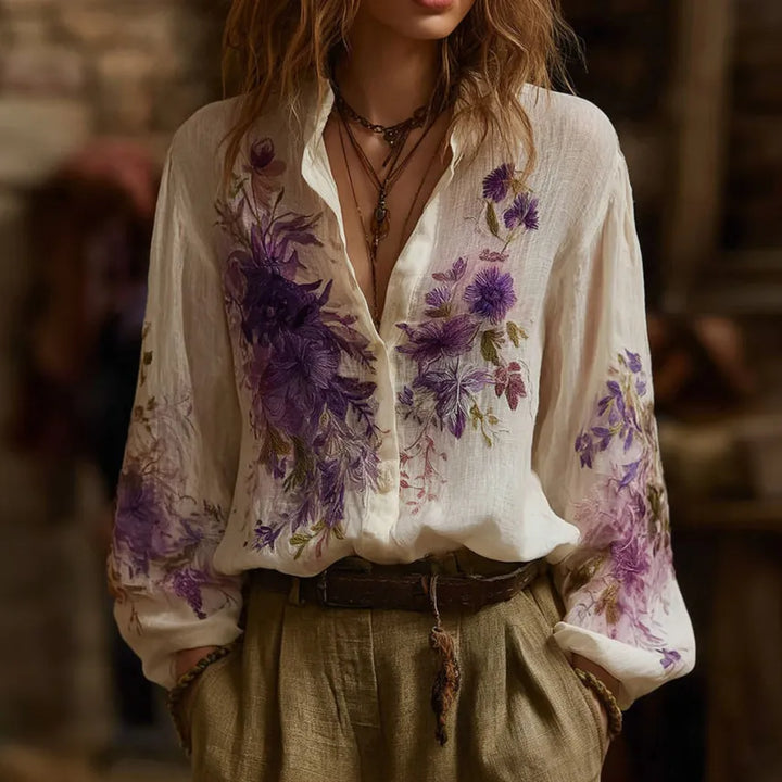 Camisa De Lino Para Mujer Con Estampado Floral Bohemio