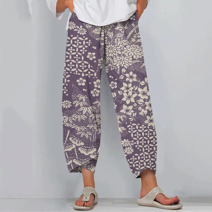 Pantalones Casuales Con Estampado Floral De Arte Japonés Vintage
