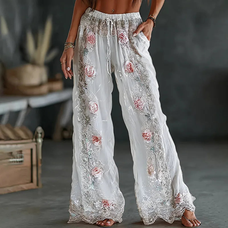 Pantalones Casuales De Lino Mixto Con Estampado Floral Bordado Vintage De Primavera Para Mujer