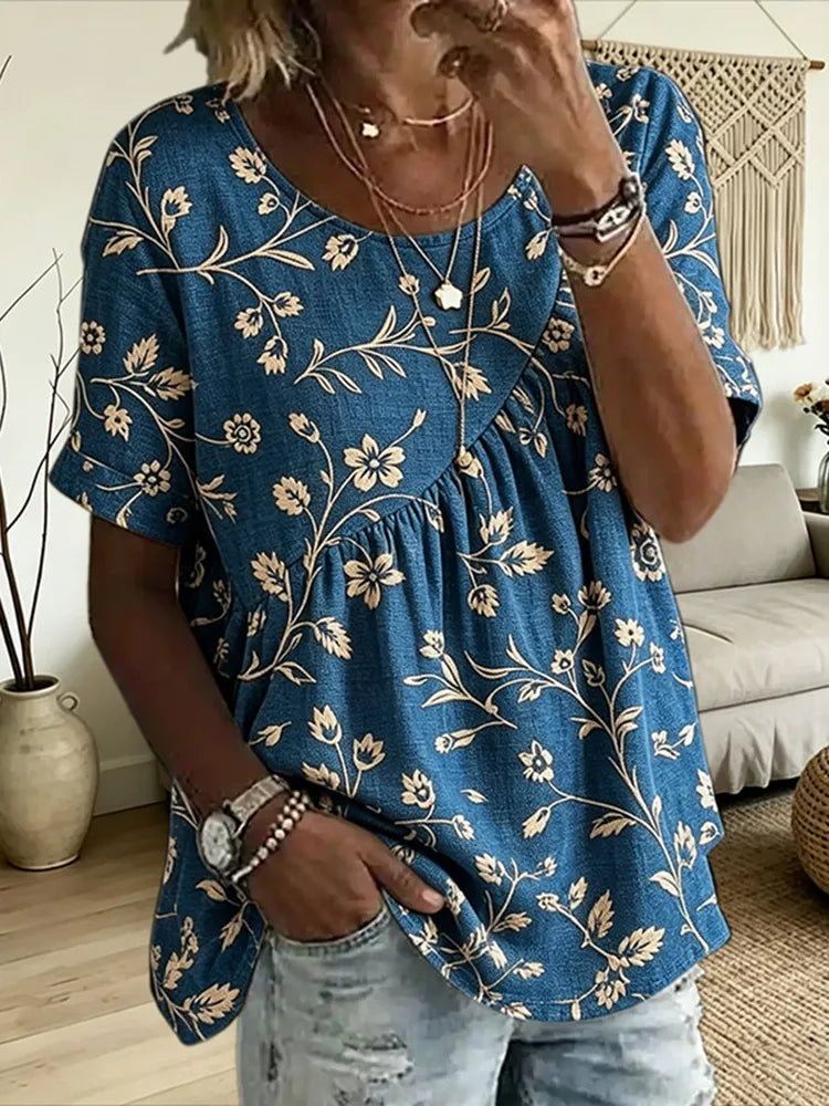 Túnica de lino vintage con diseño floral plisado irregular cuello redondo