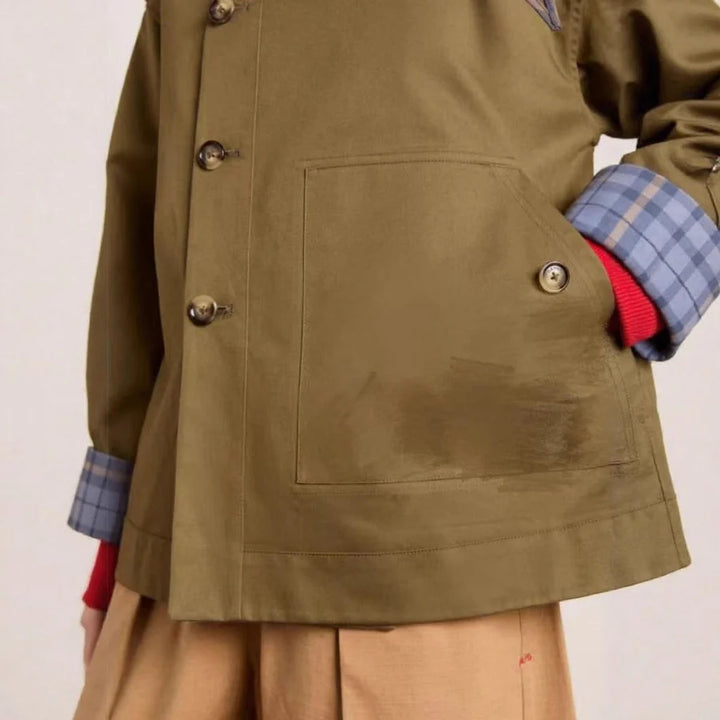 SÍLVIA | GABARDINA CORTA MUJER OVERSIZED CUELLO CUADROS