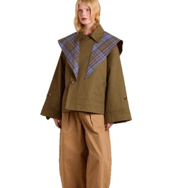 SÍLVIA | GABARDINA CORTA MUJER OVERSIZED CUELLO CUADROS