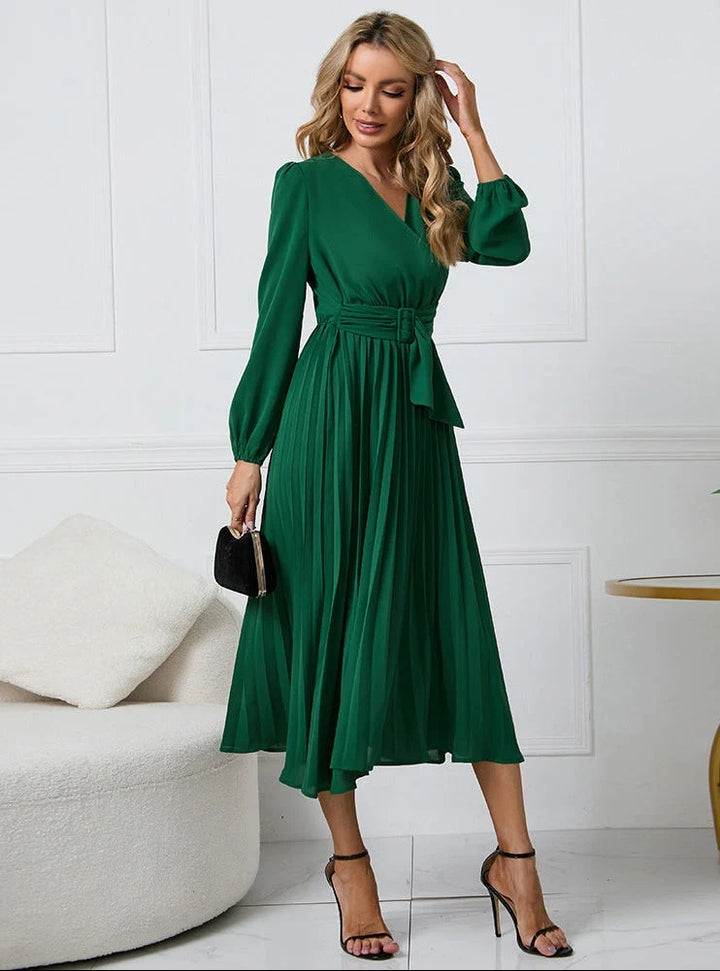 SOFIA | VESTIDO MIDI MANGA LARGA BODA MUJER PLISADO ESCOTE V
