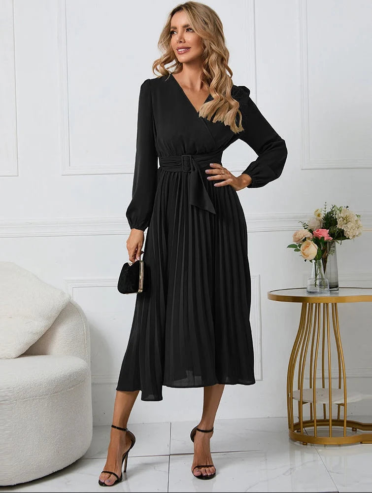 SOFIA | VESTIDO MIDI MANGA LARGA BODA MUJER PLISADO ESCOTE V
