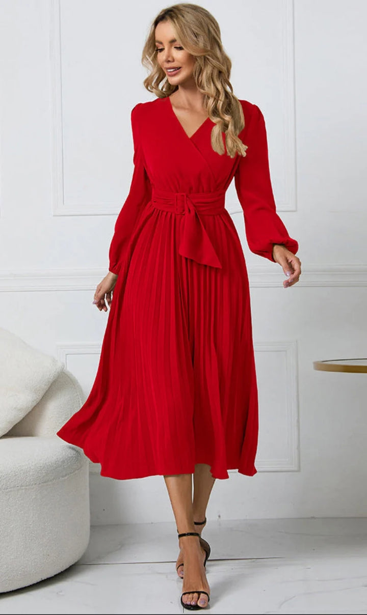 SOFIA | VESTIDO MIDI MANGA LARGA BODA MUJER PLISADO ESCOTE V