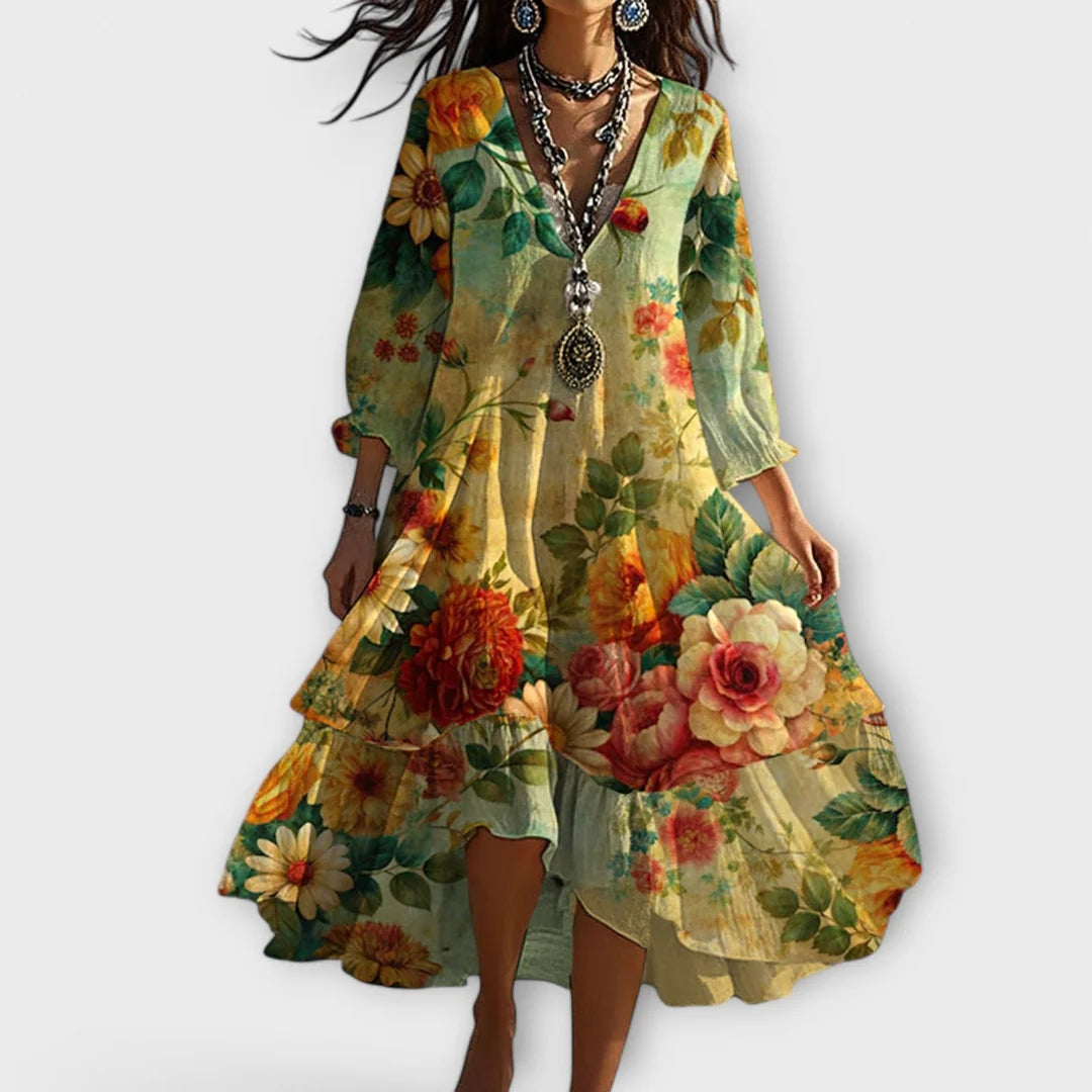 VESTIDO FLORAL BOHEMIO MUJER ESCOTE EN V Y MANGAS LARGAS