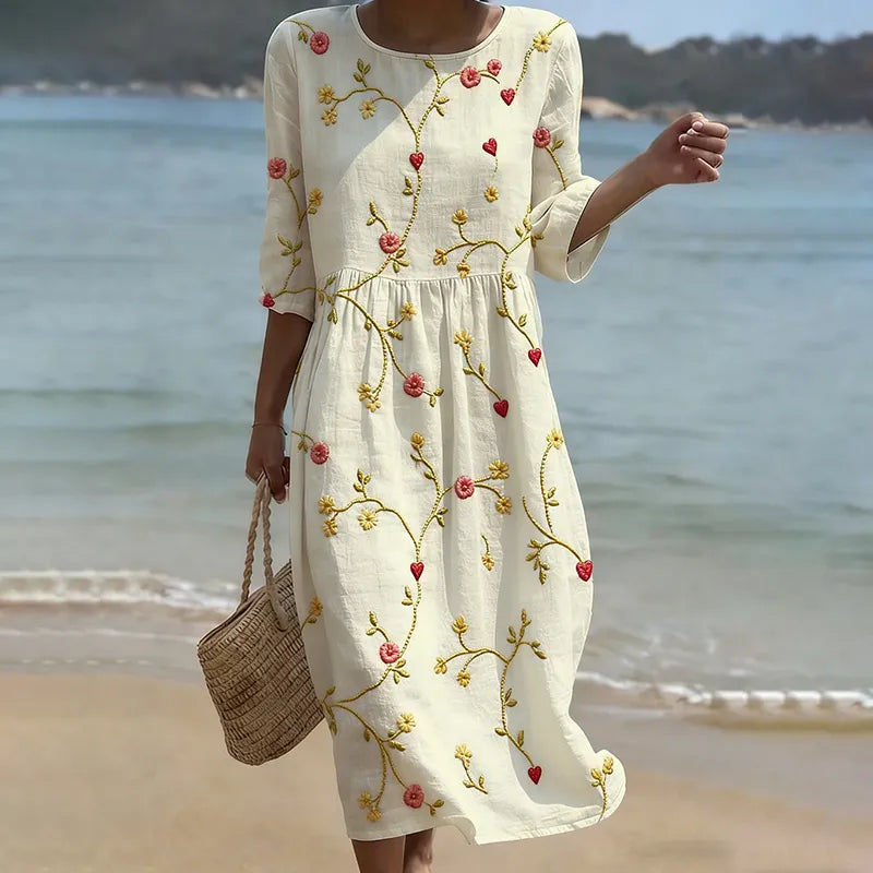 Vestido de lino vintage con estampado floral holgado manga 3/4