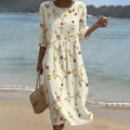 Vestido de lino vintage con estampado floral holgado manga 3/4