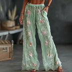PANTALONES CASUALES DE LINO MIXTO CON ESTAMPADO FLORAL BORDADO VINTAGE DE PRIMAVERA PARA MUJER