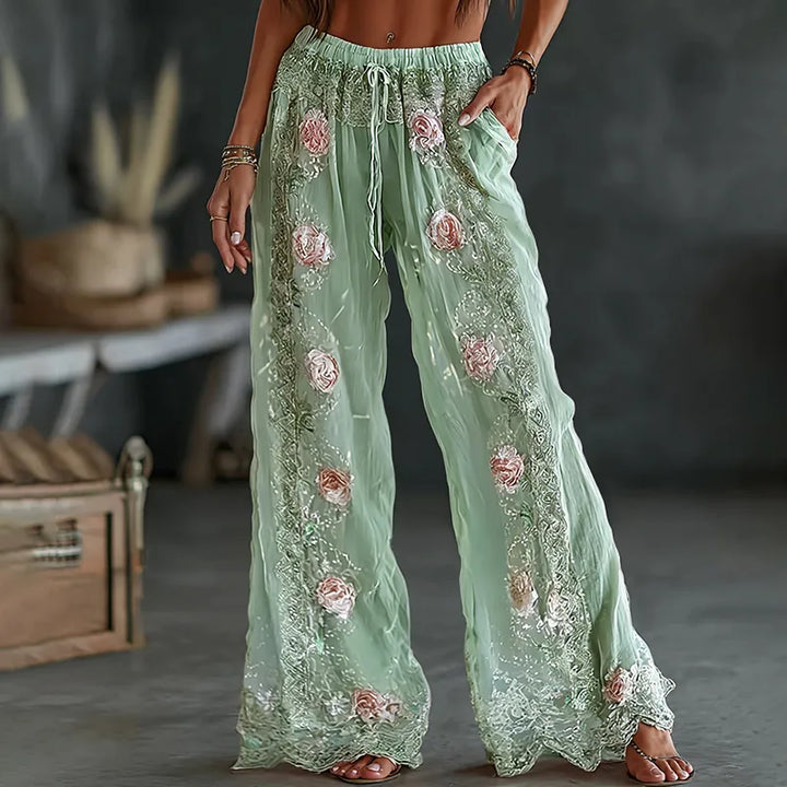 Pantalones Casuales De Lino Mixto Con Estampado Floral Bordado Vintage De Primavera Para Mujer