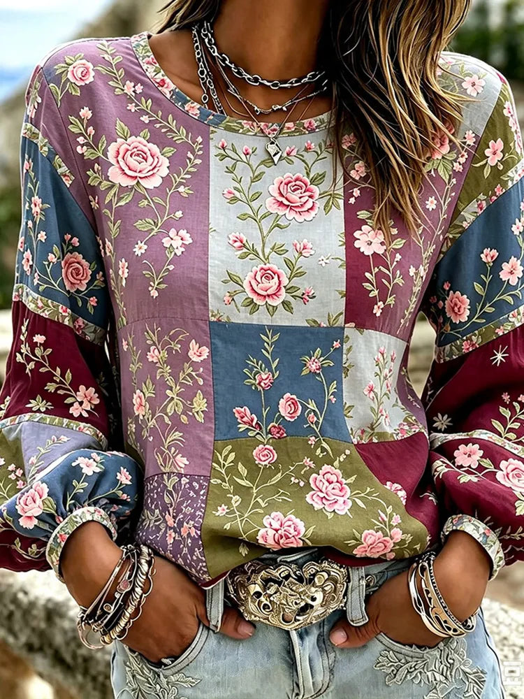 Top Lino Vintage Patchwork Floral Rosa - Cuello Redondo Manga Larga