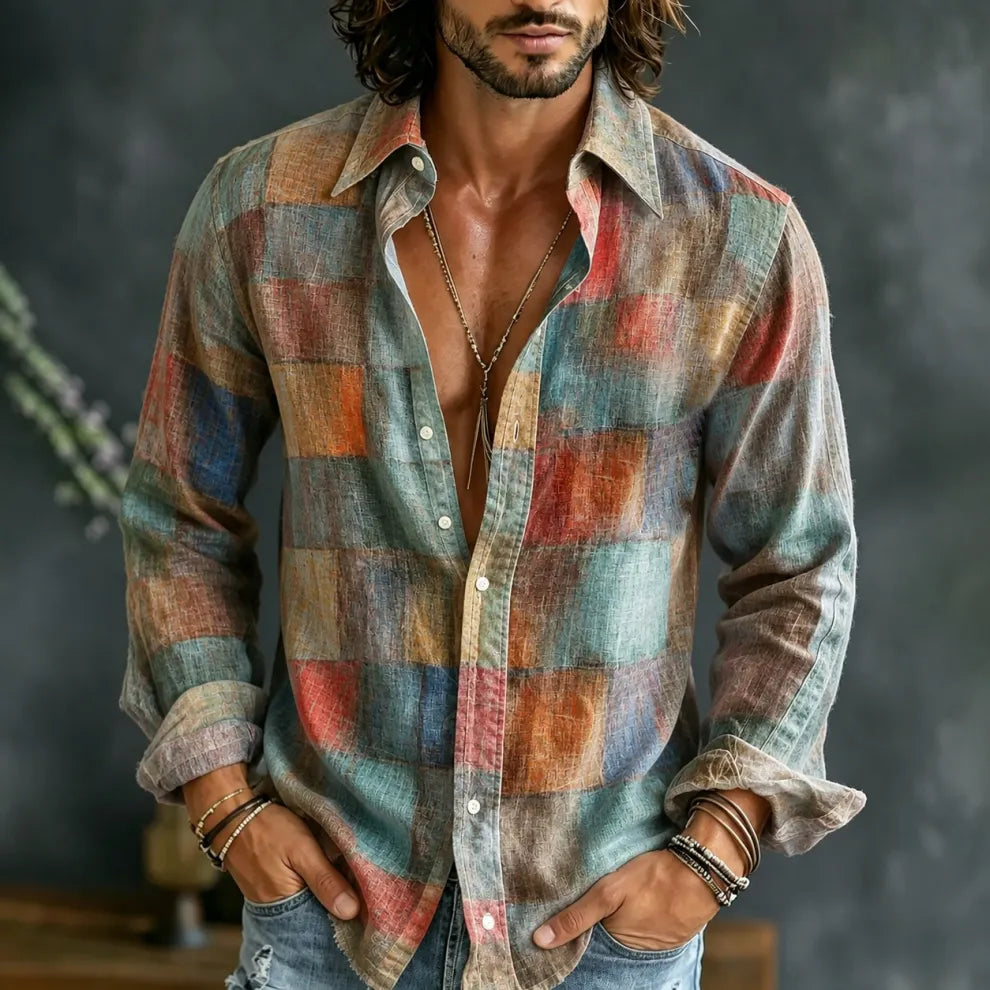 Camisa Hombre Retro Lino - Estampado Cuadros Degradado Arte Pintura Manga Larga