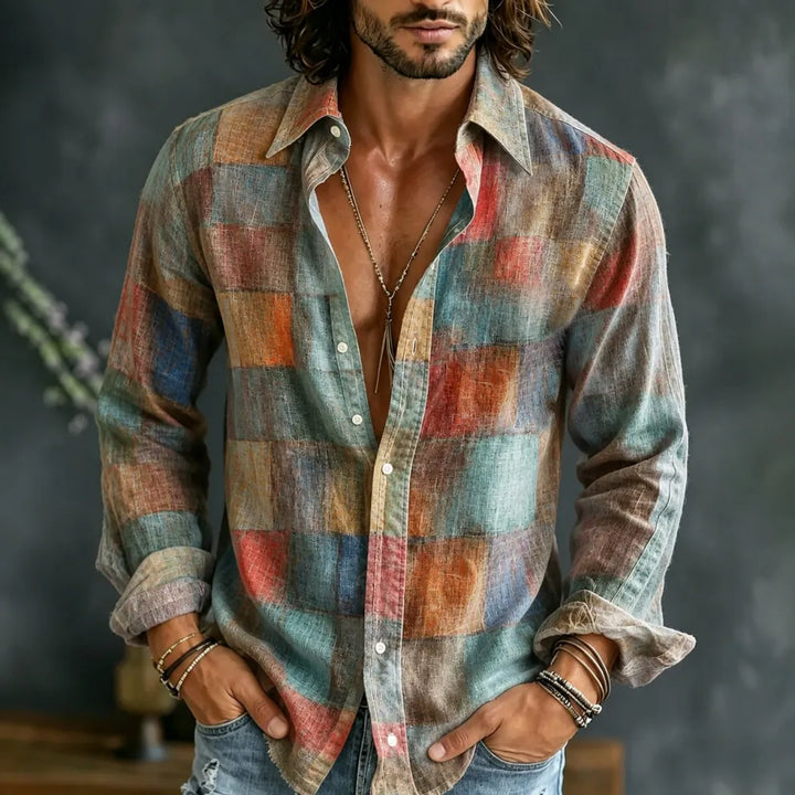 Camisa Hombre Retro Lino - Estampado Cuadros Degradado Arte Pintura Manga Larga
