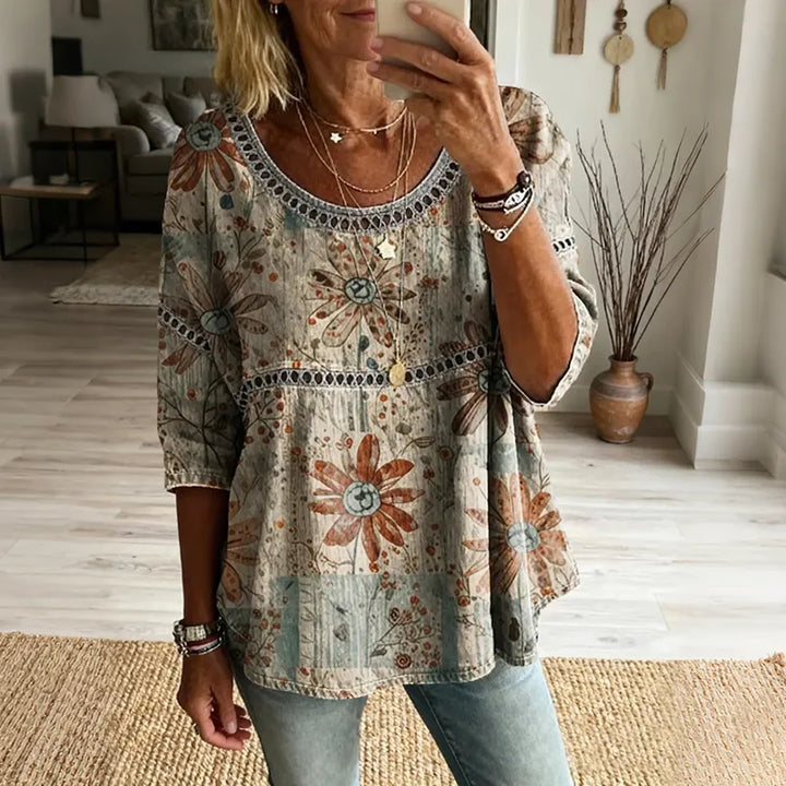 Top Boho Floral Vintage Lino