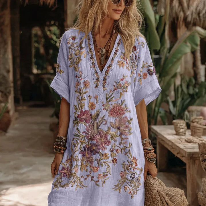 Vestido Midi Cómodo Con Cuello En V Y Bordado Floral Para Mujer