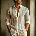 CAMISA CASUAL DE LINO CON DISEÑO DE RAYAS y ENCAJE PATCHWORK