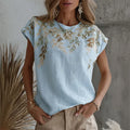 Camiseta de mezcla de lino con estampado floral rama artístico retro para mujer
